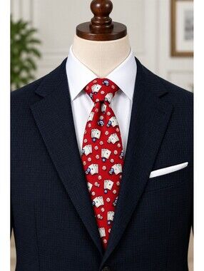 Tango Red Silk Tie with Playing Cards, Dice, and Poker Chips Pattern